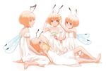  ^_^ antennae aqua_eyes bare_shoulders barefoot book closed_eyes dress flower full_body grin hair_flower hair_ornament insect_wings lap_pillow lying multiple_girls on_back orange_hair original quadruplets shadow short_hair simple_background sitting smile tukasac wariza white_background wings 