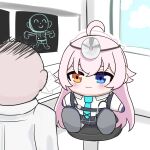  1girl ahoge aqua_necktie blue_archive blue_eyes character_doll doctor doodle_sensei_(blue_archive) hair_between_eyes halo heterochromia highres hoshino_(blue_archive) indoors long_hair long_sleeves looking_at_viewer necktie peppo-mk3 pink_hair pink_halo pleated_skirt sensei_(blue_archive) shirt skirt white_shirt x-ray_film yellow_eyes 