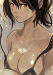  absurdres bikini_top blush breasts brown_hair bust_cup cleavage covered_nipples highres large_breasts looking_at_viewer okuto original red_eyes shiny shiny_skin short_hair solo upper_body wardrobe_malfunction 