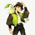  1boy absurdres arm_up belt black_hair black_hat blue_belt bracelet chikorita closed_mouth collarbone green_jacket hat highres jacket jewelry male_focus max_art149 on_shoulder open_clothes open_jacket pants paxton_(pokemon) pokemon pokemon_(creature) pokemon_legends:_z-a pokemon_on_shoulder shirt short_hair smile white_background white_shirt 
