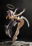  1girl absurdres arms_up ballerina ballet ballet_slippers bare_shoulders black_leotard blue_eyes blunt_bangs blush breasts cleavage dress en_pointe feathered_wings from_side full_body gradient_hair halo happy_birthday highres hololive hololive_english leotard littlemisstina_(artist) long_hair low_wings moon multicolored_hair ninomae_ina&#039;nis open_mouth orange_hair pointy_ears purple_hair redrawn sidelocks single_thighhigh solo space strapless strapless_dress strapless_leotard tentacle_hair thighhighs tube_dress very_long_hair virtual_youtuber white_wings wings 