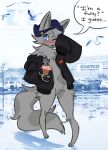 2025 anthro avian beanie bird black_clothing black_hoodie black_pawpads black_topwear blue_beanie blue_clothing blue_eyes blue_hat blue_headwear blush blush_lines canid canine canis car clothing costco cupcake detailed_background dialogue english_text food fur graywalf_(character) grey_body grey_fur grey_hair grey_inner_ear grey_inner_ear_fluff grey_nose gull hair hat hatchback headgear headwear hi_res holding_food holding_object hoodie imkrisyim inner_ear_fluff lari larid looking_away male mammal medium_truck navel one_eye_closed outside parking_lot pawpads paws photo_background photography_(artwork) plant real solo speech_bubble standing text topwear tree truck tuft van vehicle wolf youtube youtube_logo