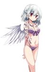  bikini blush downscaled highres kishin_sagume maturiuta_sorato md5_mismatch midriff navel ponytail purple_bikini red_eyes resized short_hair silver_hair simple_background single_wing solo swimsuit tattoo touhou white_background wings 