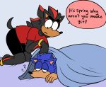 2025 5_fingers anthro asking beastofeuthanasia bed bedding bent_arm black_body black_bottomwear black_clothing black_eyes black_fur black_nose black_shorts black_tail blanket blue_blanket blue_body blue_eyebrows blue_fur blue_wall bottomwear bracelet clothed clothed_male clothing colored dialogue digital_drawing_(artwork) digital_media_(artwork) duo english_description english_text eulipotyphlan eyebrows fingers frown frowning_at_partner fully_clothed fully_clothed_male fur furniture furrowed_brow furrowed_eyebrows gold_(metal) gold_anklet gold_bracelet gold_jewelry half-closed_eyes hedgehog holding_blanket jewelry kneeling leaning leaning_forward lying lying_on_bed male male_anthro mammal markings multicolored_body multicolored_fur narrowed_eyes on_bed on_front open_frown open_mouth purple_bedding question question_mark red_clothing red_markings red_shirt red_t-shirt red_topwear sega shaded shadow_the_hedgehog shirt shorts simple_shading sonic_the_hedgehog sonic_the_hedgehog_(series) t-shirt tail talking_to_another talking_to_partner tan_body tan_inner_ear tan_skin text tired tired_eyes topwear two_tone_body two_tone_fur under_blanket wall_(structure)