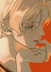  1boy blonde_hair blue_eyes char_aznable finger_to_mouth gundam highres kena131 looking_to_the_side male_focus mobile_suit_gundam profile red_background short_hair simple_background solo 
