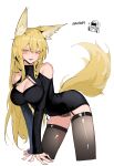  1girl absurdres animal_ears arknights bare_shoulders black_garter_belt black_panties black_sweater black_thighhighs blonde_hair breasts cleavage cleavage_cutout clothing_cutout doctor_(arknights) earrings english_commentary fox_ears fox_girl fox_tail garter_belt highres implied_extra_ears indonesian_commentary jewelry khrnnfz large_breasts lingerie lips long_hair mixed-language_commentary off-shoulder_sweater off_shoulder panties scar scar_on_cheek scar_on_face solo sweater tail thighhighs turtleneck turtleneck_sweater underwear vulpisfoglia_(arknights) yellow_eyes 