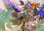  2015 android animal aqua_hair aqua_nails artist_name bird bird_on_hand blue_eyes blue_flower breasts breasts_apart censored flower gloves hair_flower hair_ornament half_gloves hatsune_miku headphones highres lipstick long_hair makeup microphone microphone_stand nail_polish no_shirt number open_mouth plant qmo_(chalsoma) red_flower single_glove sketch small_breasts solo tattoo teeth twintails upper_body very_long_hair vines vocaloid white_flower 