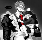  ... 1boy 1girl aged_down angry apron baby_5 black_dress black_hair blonde_hair blush bow buksillee carrying carrying_person crying donquixote_doflamingo dress earrings english_commentary hair_bow highres jewelry long_hair maid_apron maid_headdress necktie one_piece partially_colored red_necktie short_hair sunglasses upper_body 