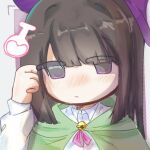  1girl alternate_hair_color animification bell blunt_bangs blunt_ends blush border brown_hair capelet chinese_commentary closed_mouth collared_shirt commentary_request eyes_visible_through_hair fewer_digits film_grain flask frown green_capelet grey_border hand_up hat henry_stickmin_(series) highres jintiannimengyoulema97257 jitome long_hair long_sleeves neck_bell neck_ribbon no_nose outside_border pink_ribbon portrait puffy_long_sleeves puffy_sleeves purple_background purple_eyes purple_hat ribbon round-bottom_flask shirt simple_background solo straight_hair the_witch_(henry_stickmin) white_shirt witch_hat 