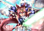  ahoge animal_ears blue_eyes brown_hair commentary_request cosplay energy_sword gundam gundam_wing highres horse_ears horse_girl horse_tail leotard mecha_musume mihono_bourbon_(umamusume) sword tail thighhighs umamusume v-fin w00l_09 weapon white_leotard white_thighhighs wing_gundam_zero wing_gundam_zero_(cosplay) 
