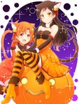  :d ahoge animal_ears black_hair blush brown_eyes brown_hair cat_ears cat_tail gloves halloween idolmaster idolmaster_million_live! jack-o'-lantern kisaragi_ichigo kitazawa_shiho long_hair looking_at_viewer multiple_girls open_mouth paw_pose pumpkin short_hair sitting smile tail thighhighs yabuki_kana 