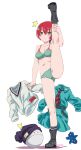 1girl amate_yuzuriha aqua_eyes aqua_shirt aqua_skirt beanie black_panties boots boyshort_panties bra breasts closed_mouth commentary_request full_body grey_boots grey_socks gundam gundam_gquuuuuux hambrabi haro hat highres long_sleeves looking_at_viewer noto_(soranoto) panties purple_hat red_hair shirt short_hair simple_background skirt socks split standing standing_on_one_leg standing_split surprised sweater underwear unworn_clothes white_background zeta_gundam 
