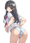 1girl :3 aqua_eyes ass black_hair blue_panties blue_sailor_collar blush commentary_request cowboy_shot flower from_behind furrowed_brow hair_flower hair_ornament highres lace-trimmed_panties lace_trim long_hair looking_at_viewer looking_back nagayori necktie panties red_necktie sailor_collar sakugawa_school_uniform saten_ruiko school_uniform shirt short_sleeves simple_background solo standing striped_clothes striped_panties thighs toaru_kagaku_no_railgun toaru_majutsu_no_index underwear white_background white_flower white_panties white_shirt 