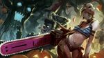 chainsaw commentary_request dr._mundo glowing glowing_eyes hair_over_one_eye halloween highres hockey_mask jack-o'-lantern league_of_legends midriff navel open_mouth pumpkin riven_(league_of_legends) solo_focus stitches tongue tongue_out weien 
