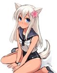  animal_ears bangs blue_eyes crop_top don_(29219) flower hair_flower hair_ornament japanese_flag kantai_collection kemonomimi_mode long_hair looking_at_viewer one-piece_tan ro-500_(kantai_collection) school_swimsuit school_uniform serafuku sitting sketch sleeveless slippers solo straight_hair swimsuit swimsuit_under_clothes tail tan tanline twitter_username wariza white_background white_hair 