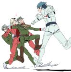  4boys age_comparison anger_vein blonde_hair blue_eyes blue_hair boots boy_sandwich challia_bull char_aznable clenched_hand closed_eyes collared_shirt dual_persona epaulettes falling full_body gloves grey_hair gundam gundam_gquuuuuux highres in-franchise_crossover jacket kamille_bidan long_sleeves mecha_pilot_suit military_jacket military_uniform multiple_boys necktie pants punched sandwiched shirt short_hair simple_background sweatdrop uno87s unworn_eyewear white_background zeta_gundam 