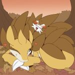 2019 anthro biped blush blush_lines brown_body buckteeth cheek_tuft claws closed_smile cuddling duo eyes_closed facial_tuft female fuf generation_1_pokemon generation_8_pokemon heart_symbol hi_res larger_female leaf looking_at_another lying lying_on_ground male mouth_closed multicolored_body nintendo on_front on_ground one_eye_closed open_mouth outside pokemon pokemon_(species) sandslash scorbunny size_difference smaller_male smile tan_body teeth tongue tuft two_tone_body white_body