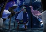  backpack bag bird blue_hair boots bow cloud cloudy_sky cross-laced_footwear flamingo hat highres hinanawi_tenshi night night_sky red_eyes sign sky solo thick_eyebrows touhou waira 