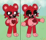 anthro bear big_breasts blush blush_lines bobby_bearhug breast_expansion breasts exclamation_point expansion female fluffy fluffy_chest fur heart_symbol hi_res jewelry mammal mob_entertainment motion_lines necklace open_mouth outside paws poppy_playtime red_body red_fur shocked smile smiling_critters solo tail tinky tongue