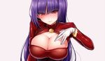  blush breasts cleavage cleavage_cutout gloves hizuki_akira large_breasts long_hair looking_at_viewer natsume_(pokemon) pokemon pokemon_(game) purple_hair red_eyes simple_background smile solo white_gloves 