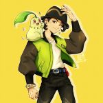  1boy absurdres arm_up belt black_hair black_hat blue_belt bracelet chikorita closed_mouth collarbone green_jacket hat highres jacket jewelry male_focus max_art149 on_shoulder open_clothes open_jacket pants paxton_(pokemon) pokemon pokemon_(creature) pokemon_legends:_z-a pokemon_on_shoulder shirt short_hair smile white_shirt yellow_background 