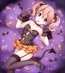  bad_id bad_pixiv_id bare_arms bare_shoulders bat bat_wings black_gloves black_legwear brown_eyes brown_hair candy choker collarbone demon_tail food garter_straps gloves hair_ribbon halloween high_heels looking_at_viewer maki_(natoriumu) original ribbon shirt skirt solo standing standing_on_one_leg strapless tail thighhighs thighs tongue tongue_out twintails wings 