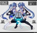  accessories backpack bag blue_eyes blue_hair breasts cleavage gloves goddess_of_victory:_nikke gretel_(nikke) hair_intakes hansel_(nikke) highres holding holding_weapon large_breasts long_hair looking_at_viewer multiple_girls open_mouth pixel_art randoseru ribbed_shrug siblings smile sugiyamasama twins twintails very_long_hair weapon white_pouch 