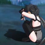  1girl antenna_hair back bare_shoulders black_boots black_hair blurry blurry_background boots bow breasts cat_shadow_puppet_(meme) double_w elbow_pads female_rover_(wuthering_waves) gloves grass hair_bow hashtag-only_commentary large_breasts long_hair low-tied_long_hair maysrain5 meme night outdoors partially_fingerless_gloves pelvic_curtain ribbon rover_(wuthering_waves) shadow shadow_puppet solo squatting tacet_mark_(wuthering_waves) thigh_boots w wuthering_waves yellow_ribbon 