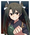  1girl black_kimono brown_eyes closed_eyes grey_hair grin highres japanese_clothes kantai_collection kimono kosode long_hair looking_at_viewer muneate necono_(nekonosora1207) one-hour_drawing_challenge smile solo tasuki twintails upper_body v-shaped_eyebrows zuikaku_(kancolle) zuikaku_kai_ni_(kancolle) 