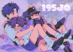 aged_down black_hair blue_eyes blue_hair brown_hair family grandfather_and_grandson highres jojo_no_kimyou_na_bouken jonathan_joestar joseph_joestar joseph_joestar_(young) kujo_jotaro male_focus multiple_boys phantom_blood rkznfksthsus smile 
