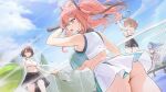  4girls ass ass_focus azur_lane ball baltimore_(azur_lane) baltimore_(black_ace)_(azur_lane) blue_hair breasts bremerton_(azur_lane) bremerton_(scorching-hot_training)_(azur_lane) brown_hair clemenceau_(azur_lane) clemenceau_(splendid_breeze)_(azur_lane) game_cg highres holding holding_racket jumping large_breasts marco_polo_(azur_lane) multiple_girls net non-web_source pink_eyes pink_hair ponytail racket red_eyes short_hair sportswear surprised tennis_ball tennis_court tennis_racket tennis_uniform twintails yellow_eyes 
