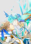  closed_eyes forehead-to-forehead fusion isago_(ica) kamui_(tales_of_zestiria) long_hair mikleo_(tales) multiple_boys ponytail short_hair smile sorey_(tales) tales_of_(series) tales_of_zestiria 