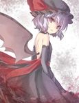  alternate_costume asa_(coco) back back_cutout bad_id bad_twitter_id bat_wings black_dress black_gloves dress elbow_gloves gloves hair_ribbon hat jpeg_artifacts lavender_hair looking_at_viewer looking_back mob_cap pointy_ears red_eyes remilia_scarlet ribbon sash short_hair solo touhou wings 