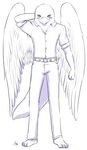  anthro aogami avian barefoot belt bird blush canine clothed clothing feathers front_view gryphon hybrid male mammal osprey pants paws percy shy solo teenager vest wings wolf young zeetyphlosion 