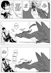 cape clothing comic dragon english_text flirting horn human interspecies male mammal melee_weapon monochrome sanzo size_difference sword text translated weapon wings 