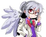  bespectacled bow bowtie dress glasses jacket kishin_sagume long_sleeves open_clothes ponytail purple_dress red_eyes shinapuu shirt short_hair silver_hair single_wing solo touhou wings 