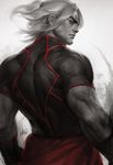  from_behind highres ken_masters looking_at_viewer looking_back male_focus monochrome muscle serious shirt short_sleeves signature solo stanley_lau street_fighter street_fighter_v 