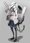  ;) anchor black_legwear blue_eyes blue_hair boushi-ya coat full_body gloves grey_background hand_in_pocket hat hibiki_(kantai_collection) highres kantai_collection loafers long_hair looking_at_viewer one_eye_closed pleated_skirt school_uniform serafuku shadow shoes simple_background skirt smile solo thighhighs turret verniy_(kantai_collection) white_gloves 
