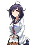  ahoge black_legwear breasts don_(29219) hair_flaps hair_ornament kantai_collection long_hair looking_at_viewer low_twintails magatama medium_breasts purple_hair red_eyes school_uniform serafuku smile solo taigei_(kantai_collection) twintails 