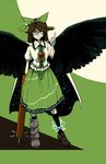  alternate_eye_color alternate_hair_color arm_cannon black_footwear black_wings bow brown_eyes brown_hair cape feathered_wings frilled_skirt frills green green_skirt hair_bow hebmu11er large_wings long_skirt looking_afar metal_boots mismatched_footwear pointing pointing_up reiuji_utsuho shaded_face shirt shoes skirt smile solo space third_eye touhou weapon white_shirt wings 