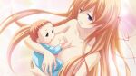  1boy 1girl blonde_hair blurry bokeh breast_sucking breastfeeding breasts chaos;child chaos;child_love_chu_chu!! child collarbone completely_nude convenient_censoring depth_of_field double-parted_bangs from_side game_cg grin highres kurusu_nono large_breasts long_hair looking_at_viewer mother_and_child non-web_source nude official_art onesie pink_background purple_eyes sasaki_mutsumi short_hair smile teeth very_short_hair 