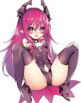  1girl bare_shoulders black_legwear black_panties blue_eyes blush boots breasts cameltoe cosplay demon_girl elsword horns long_hair looking_at_viewer luciela_r._sourcream open_mouth panties pointy_ears red_hair simple_background small_breasts solo succubus thigh_boots thighhighs underwear utm white_background 