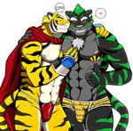  2015 abs anthro bearlovestiger13 biceps big_muscles black_fur black_nose blue_eyes build_tiger cape claws clothed clothing duo erection fangs feline fur grey_fur grin half-dressed hand_holding kissing male male/male mammal markings muscular muscular_male navel nipples orange_fur pecs pink_nose pose pubes shaded simple_background smile speedo standing stripes swimsuit teeth text thong tiger toned topless underwear white_background 