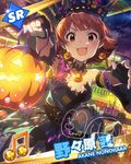 beamed_eighth_notes brown_eyes brown_hair character_name choker dress earrings halloween_costume idolmaster idolmaster_million_live! jack-o'-lantern jewelry looking_at_viewer musical_note necklace nonohara_akane official_art signature solo 