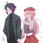  1boy 1girl alternate_costume alternate_ears beret black_pants black_shirt blush closed_eyes contemporary couple covering_own_mouth cowlick crop_top cropped_legs facial_mark forehead_mark gr_00x green_hair green_jacket hair_between_eyes hand_over_own_mouth hat hetero holding_hands jacket jewelry long_hair midriff miniskirt open_mouth pants puffy_sleeves red_skirt shirt signature simple_background skirt xiao_(genshin_impact) yanfei_(genshin_impact) yellow_eyes 