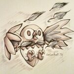 1:1 2017 ambiguous_feral ambiguous_gender artist_name attack avian beak bird brown_eyes dated english_description feathered_wings feathers feet feral generation_7_pokemon hi_res inktober leaf marker_(artwork) midair motion_lines multicolored_body multicolored_feathers nintendo open_beak open_mouth orange_beak pen_(artwork) pokemon pokemon_(species) randomthunk rowlet simple_background solo tail talons tan_body tan_feathers tan_tail tan_wings text toes tongue traditional_media_(artwork) two_tone_body two_tone_feathers white_body white_feathers wings