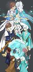  age_progression book brown_hair cape cloak highres kamui_(tales_of_zestiria) male_focus mikleo_(tales) multiple_boys ponytail purple_eyes short_hair smile sorey_(tales) staff sword tales_of_(series) tales_of_zestiria weapon white_hair yanzhan 