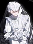  1boy artist_name black_background closed_eyes closed_mouth cowboy_shot english_commentary flower frilled_sleeves frills highres holding holding_flower ink_(inkypyon) long_sleeves male_focus nice_(to_be_hero_x) pants photo-referenced shirt short_hair sitting solo to_be_hero to_be_hero_x twitter_username veil white_flower white_hair white_pants white_shirt 