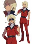  1boy belt blonde_hair boots char_aznable commentary_request gloves gundam hand_on_own_hip highres holding holding_removed_eyewear kisaka looking_at_viewer male_focus military_uniform mobile_suit_gundam multiple_views notice_lines ok_sign pants red_boots red_gloves red_pants shirt short_hair sleeveless sleeveless_shirt sunglasses unworn_eyewear white_background 