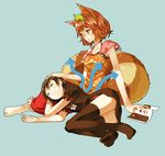  animal_ears black_hair black_legwear book brown_eyes brown_hair danzero dress futatsuiwa_mamizou glasses houjuu_nue lap_pillow leaf leaf_on_head lying multiple_girls on_side raccoon_ears raccoon_tail short_dress short_hair sitting smile tail thighhighs touhou wings zettai_ryouiki 